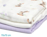 Gasas Set 3 muselinas conejitos, lavanda y blanco 70x70cm