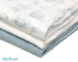 Gasas Set de 3 muselinas azul, blanco y estampado de aviones 70x70cm