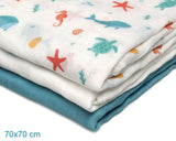 Gasas Set de 3 muselinas azul, blanco y estampado marino 70x70cm