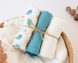Gasas Set de 3 muselinas azul, blanco y estampado marino 70x70cm
