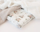 Gasas Set de 3 muselinas gris, blanco y estampado bosque 70x70cm