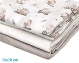 Gasas Set de 3 muselinas gris, blanco y estampado bosque 70x70cm