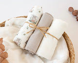 Gasas Set de 3 muselinas gris, blanco y estampado bosque 70x70cm