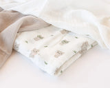 Gasas Set de 3 muselinas gris, blanco y estampado ratoncitos 70x70cm