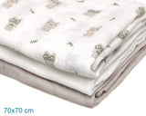 Gasas Set de 3 muselinas gris, blanco y estampado ratoncitos 70x70cm