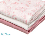Gasas Set de 3 muselinas rosa, blanco y estampado de animalitos 70x70cm