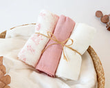 Gasas Set de 3 muselinas rosa, blanco y estampado de animalitos 70x70cm