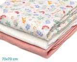 Gasas Set de 3 muselinas rosa, blanco y estampado de florecitas 70x70cm
