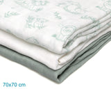 Gasas Set de 3 muselinas verde, blanco y estampado selva 70x70cm