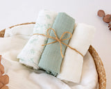 Gasas Set de 3 muselinas verde, blanco y estampado selva 70x70cm